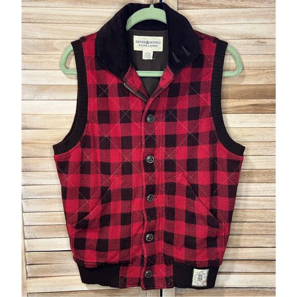 Denim & Supply Ralph Lauren Red & Brown Buffalo Check Quilted Cotton Vest sz SM - Picture 1 of 6